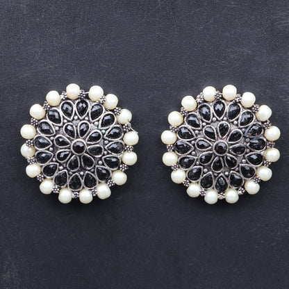 Black Stone Studded Round Oxidised Studs With Embellished Pearls