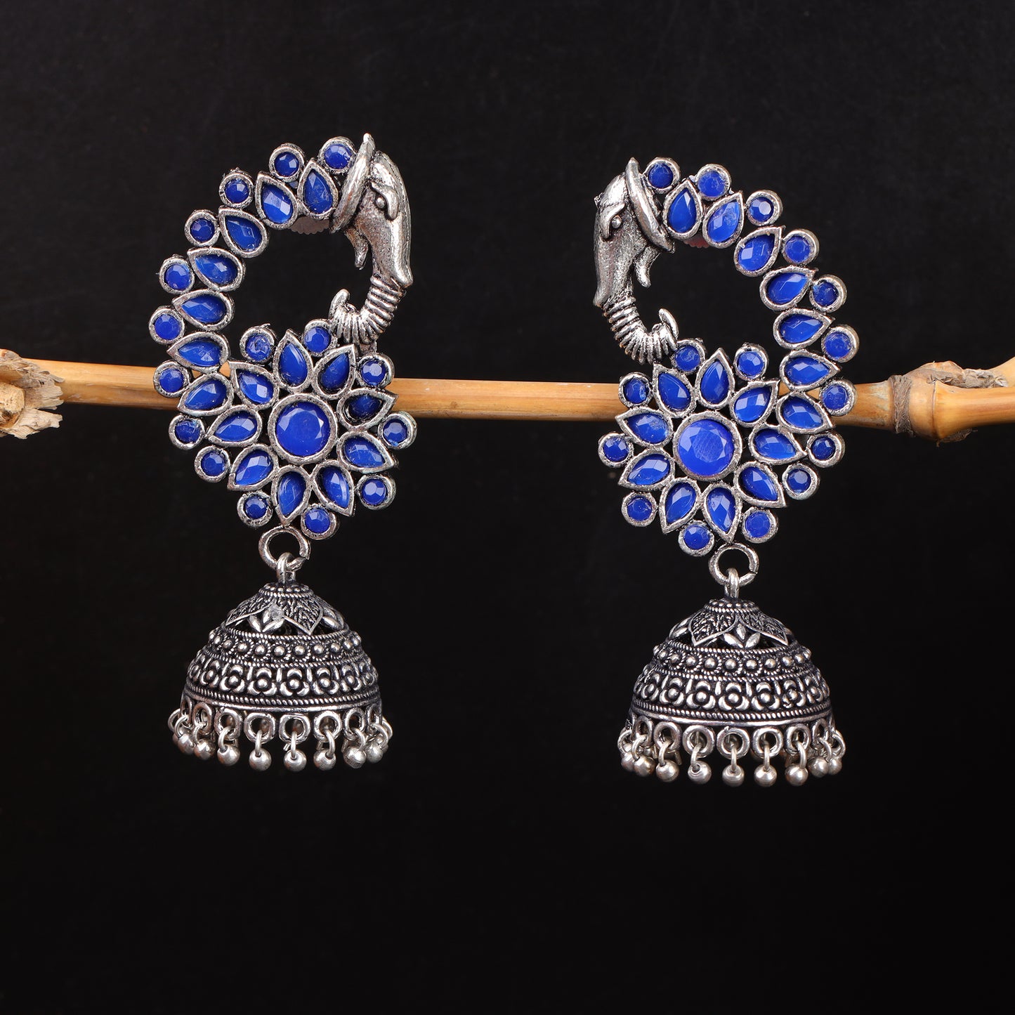 Blue Stone Studded Oxidised Earrings With Hanging Jhumki
