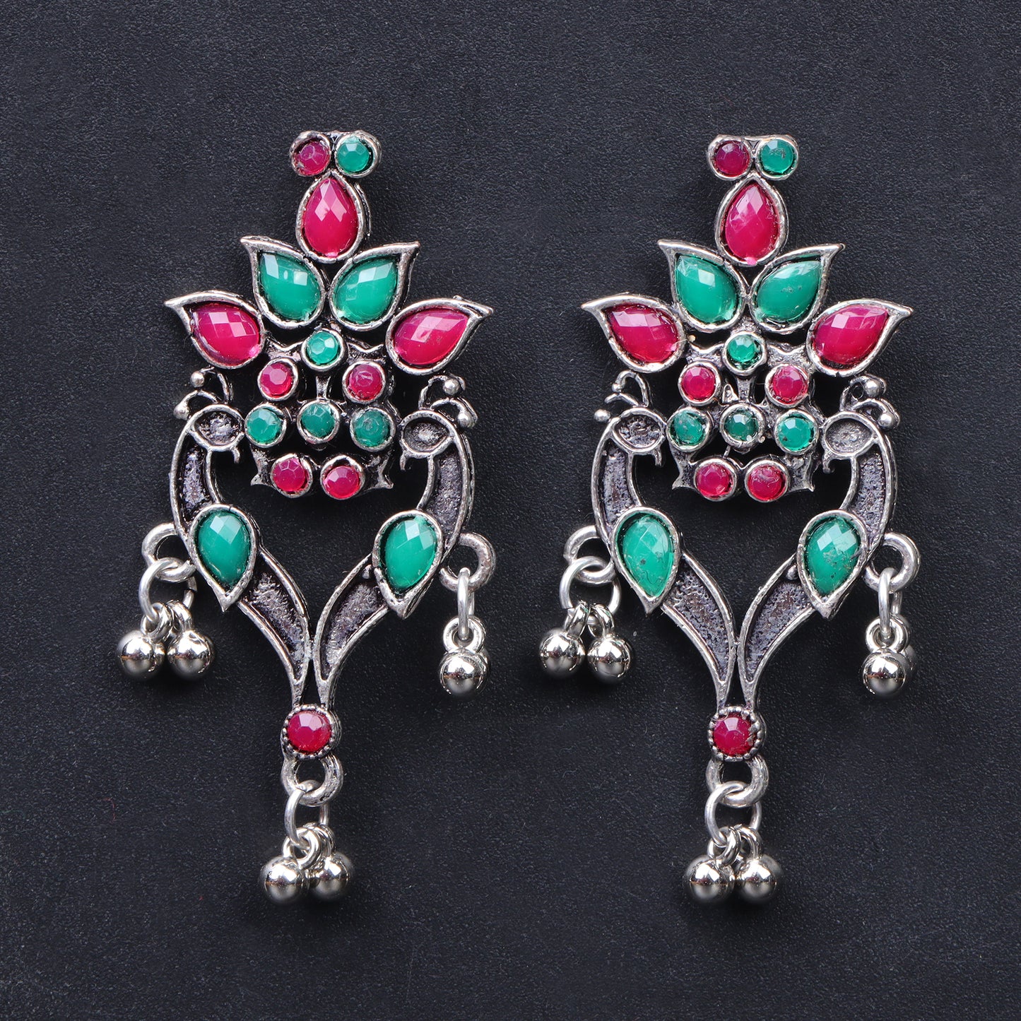 Multicolored Stone Studded Oxidised Dangler Earrings