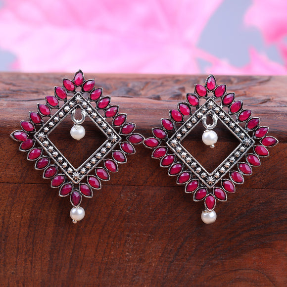 Red Stone Studded Square German Silver Earrings