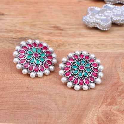 Multicolored Stone Studded Round Oxidised Studs With Embellished Pearls