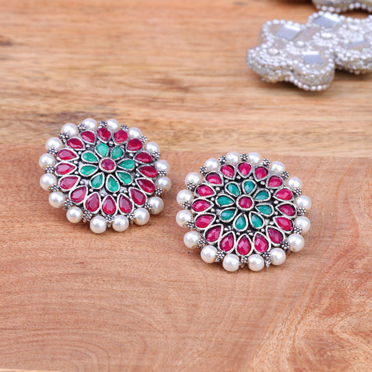 Multicolored Stone Studded Round Oxidised Studs With Embellished Pearls