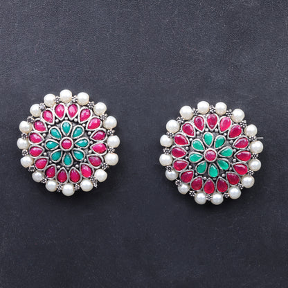Multicolored Stone Studded Round Oxidised Studs With Embellished Pearls