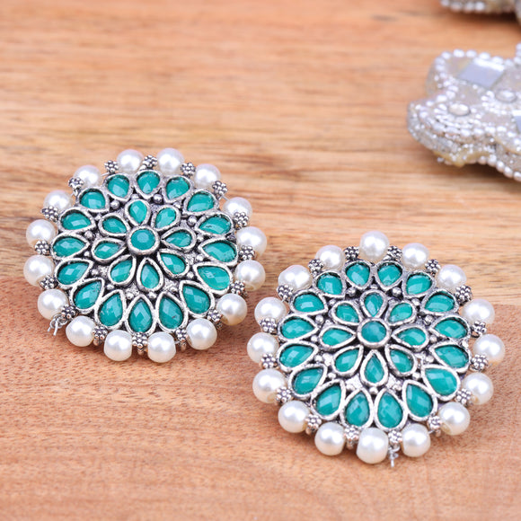 Green Stone Studded Round Oxidised Studs With Embellished Pearls