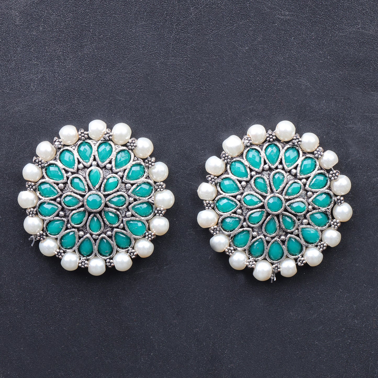 Green Stone Studded Round Oxidised Studs With Embellished Pearls