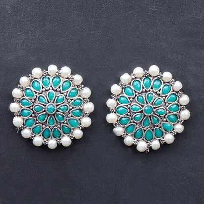 Green Stone Studded Round Oxidised Studs With Embellished Pearls