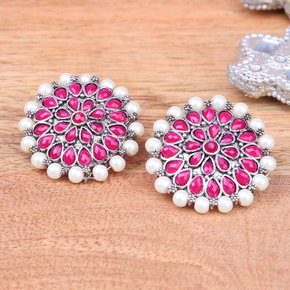 Red Stone Studded Round Oxidised Studs With Embellished Pearls
