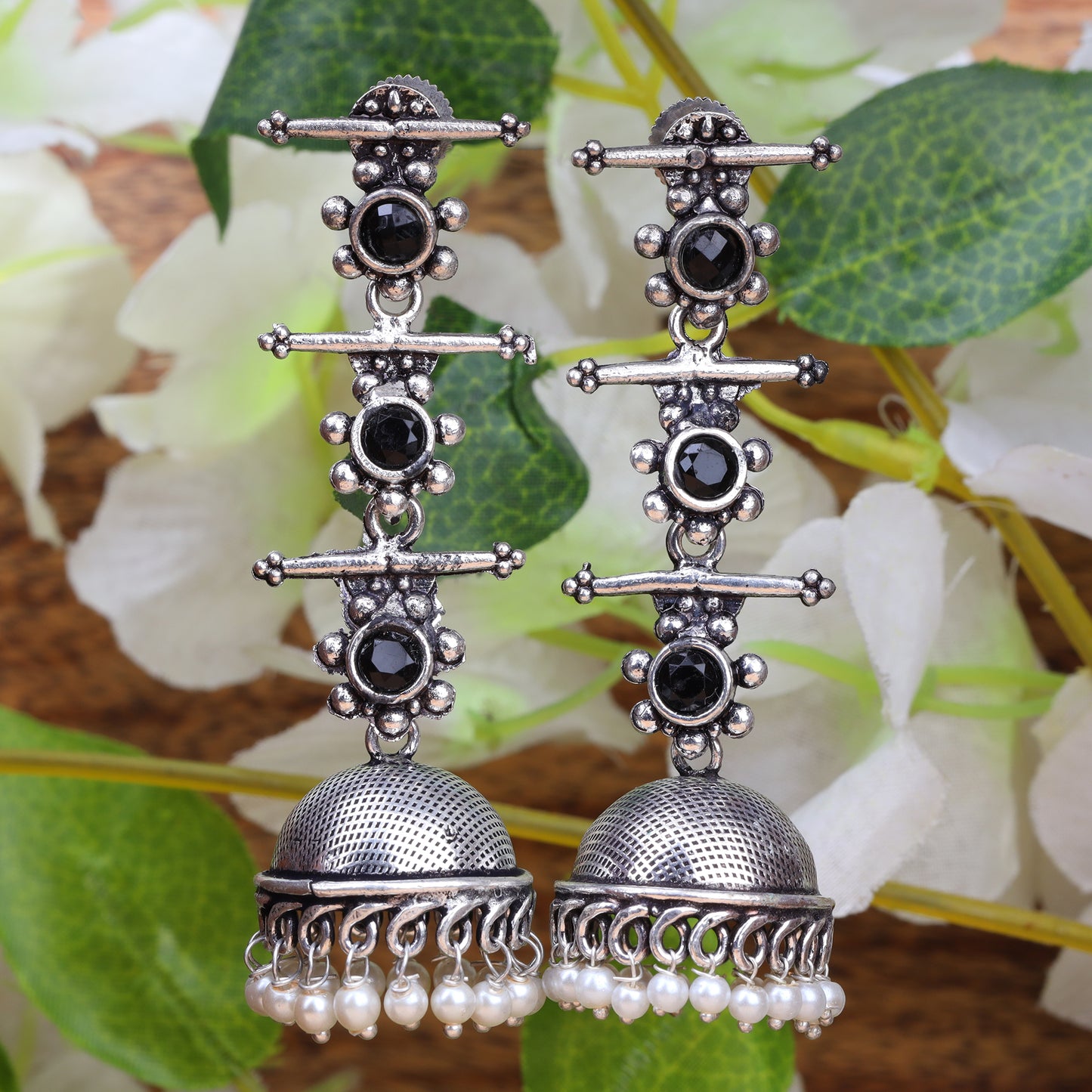 Mystic Bells Triple Layered Jhumkas-Black Stone