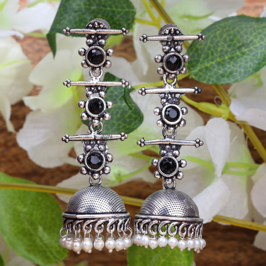 Mystic Bells Triple Layered Jhumkas-Black Stone