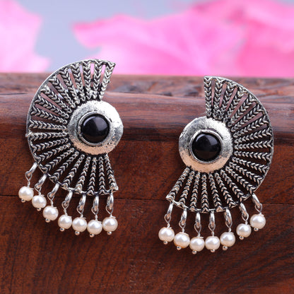 Black Stone Studded Oxidised Earrings With Hanging Pearls
