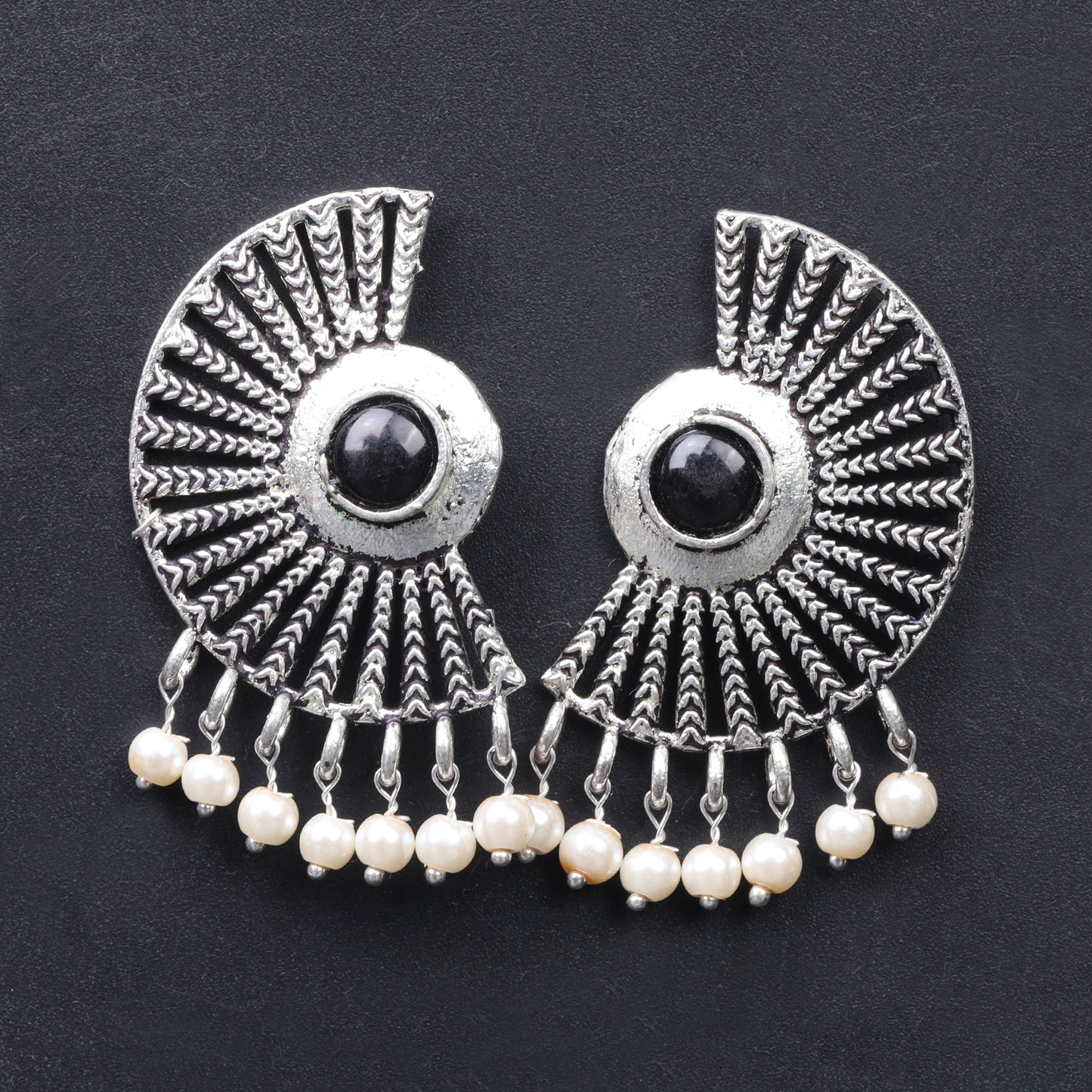 Black Stone Studded Oxidised Earrings With Hanging Pearls