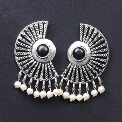 Black Stone Studded Oxidised Earrings With Hanging Pearls