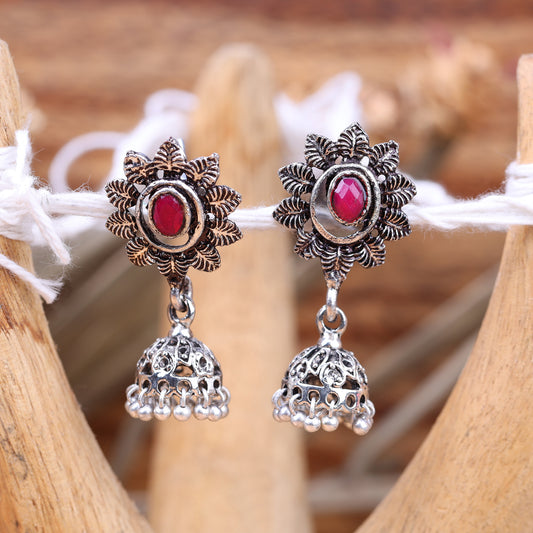 Red Stone Studded Oxidised Dangler Earrings