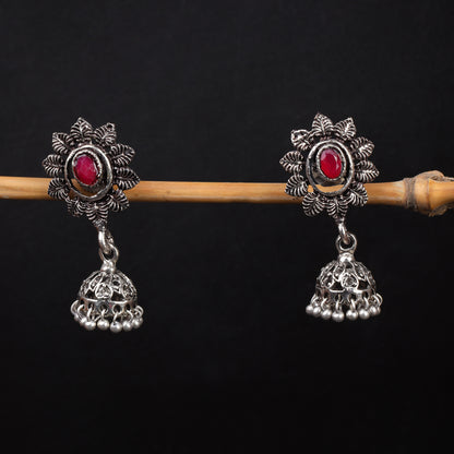 Red Stone Studded Oxidised Dangler Earrings