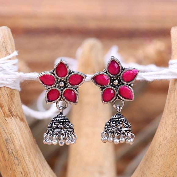Red Stone Studded Oxidised Dangler With Hanging Jhumki Earrings