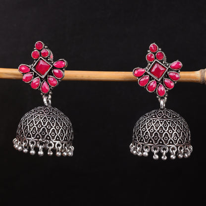 Red Stone Studded Hanging Brass Jhumki Danglers
