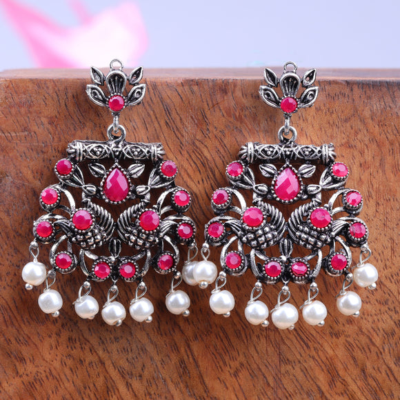 Red Stone Studded Oxidised Earrings With Hanging Pearls