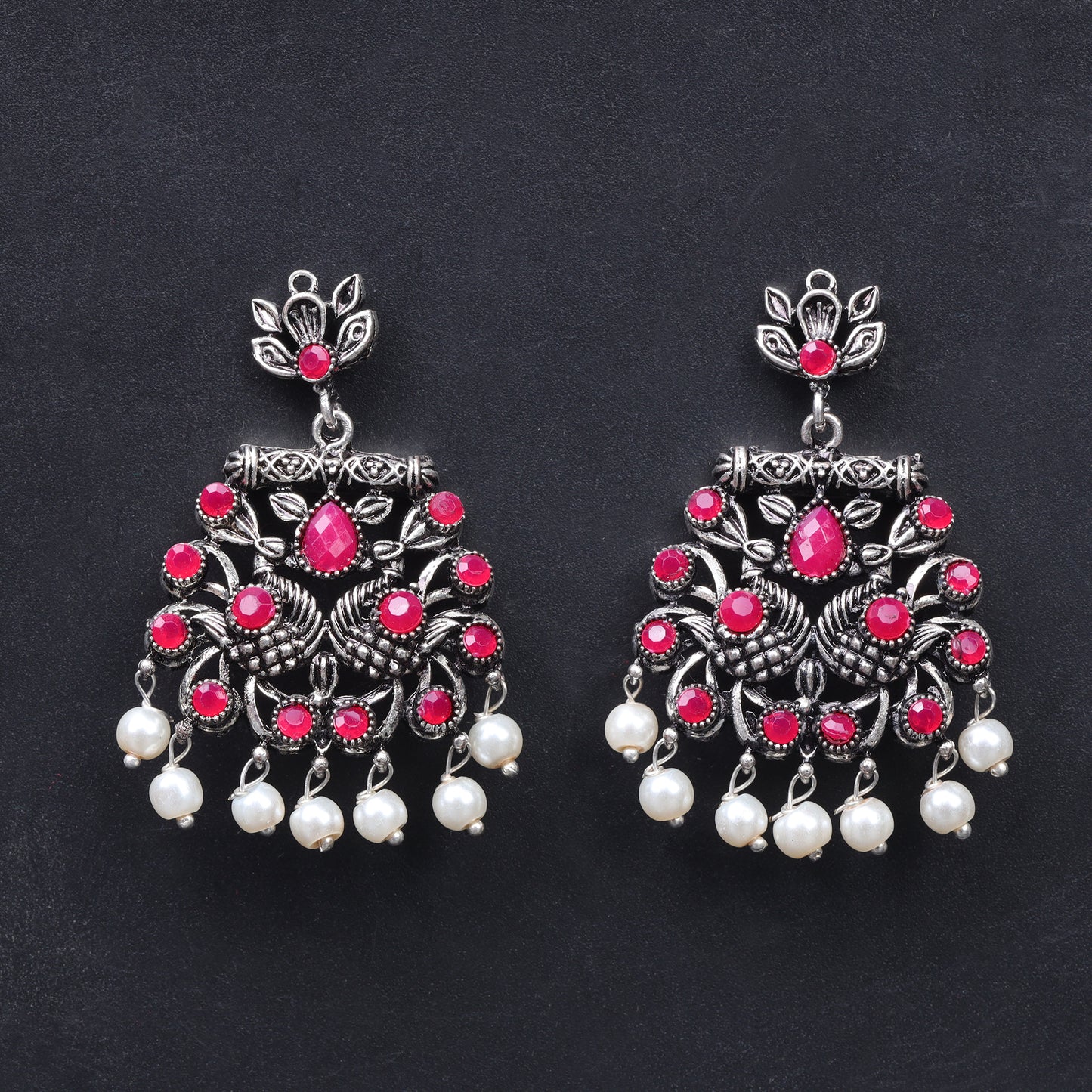 Red Stone Studded Oxidised Earrings With Hanging Pearls