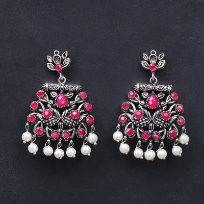 Red Stone Studded Oxidised Earrings With Hanging Pearls