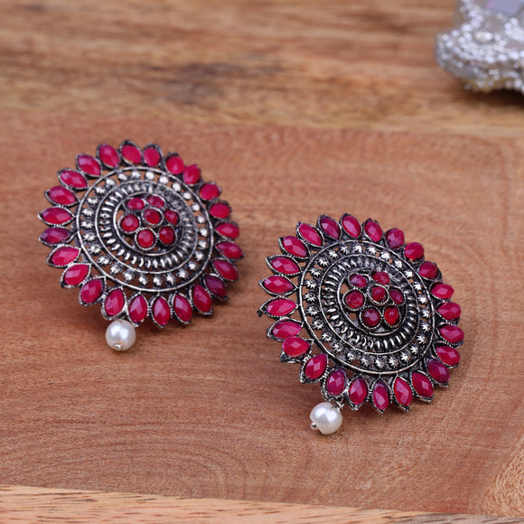 Red Stone Studded Intricate Oxidised Stud Earrings
