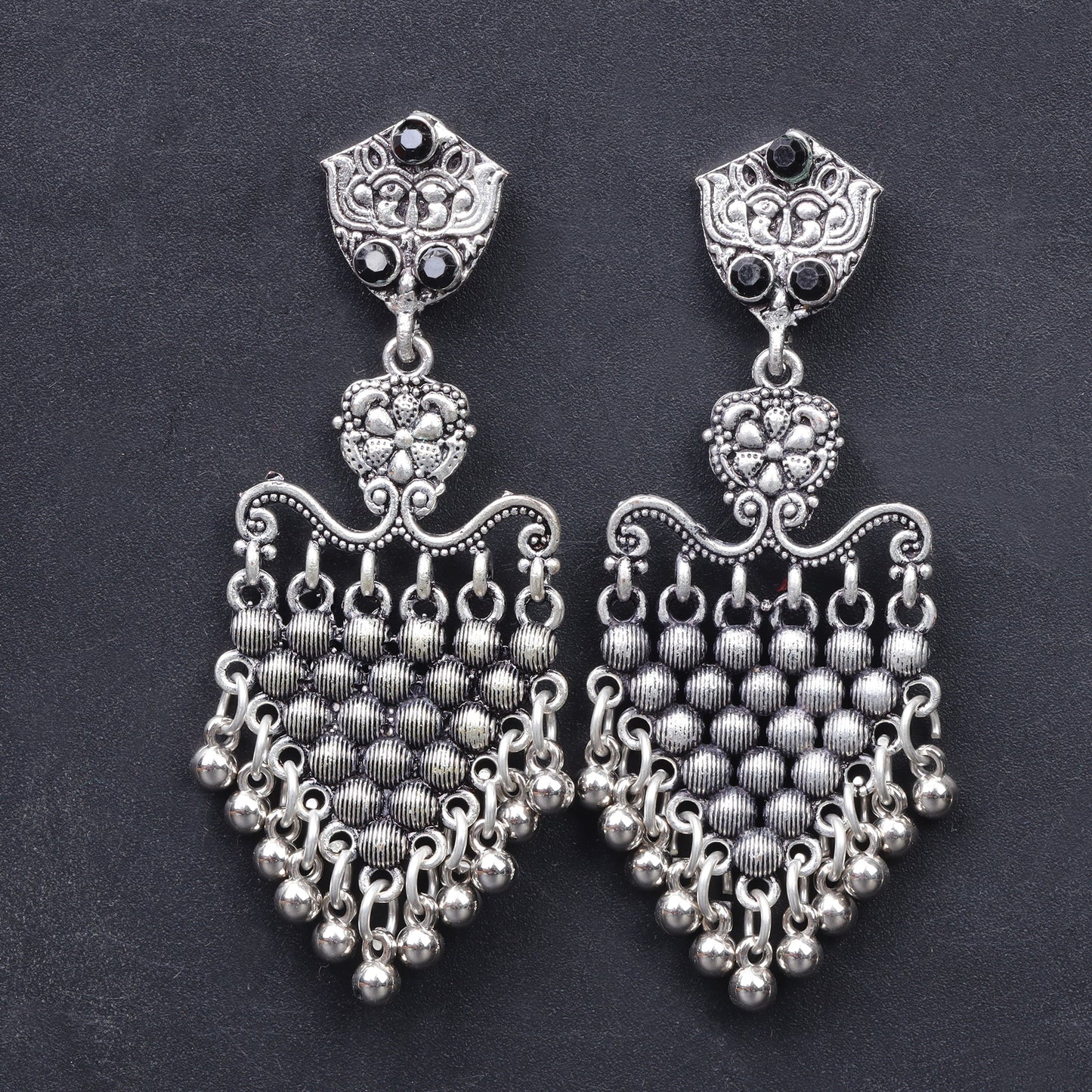Black Stone Studded Intricate Oxidised Dangler Earrings