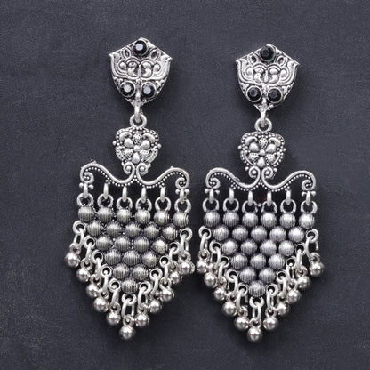 Black Stone Studded Intricate Oxidised Dangler Earrings