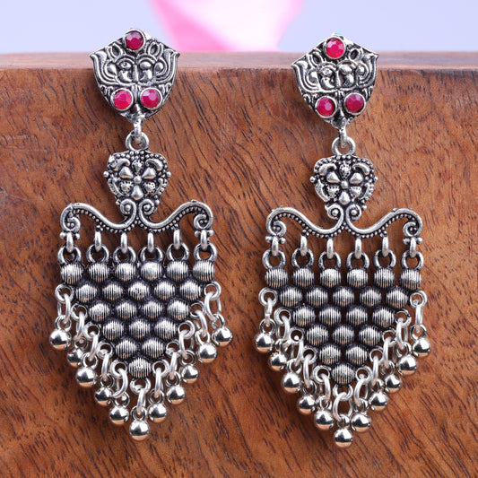Red Stone Studded Intricate Oxidised Dangler Earrings