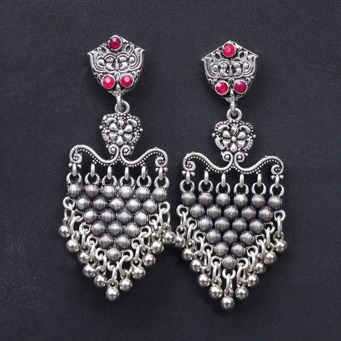 Red Stone Studded Intricate Oxidised Dangler Earrings