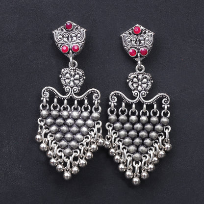 Red Stone Studded Intricate Oxidised Dangler Earrings