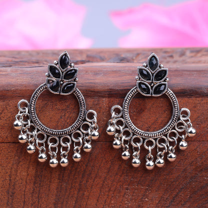 Black Stone Studded Intricate Oxidised Earrings