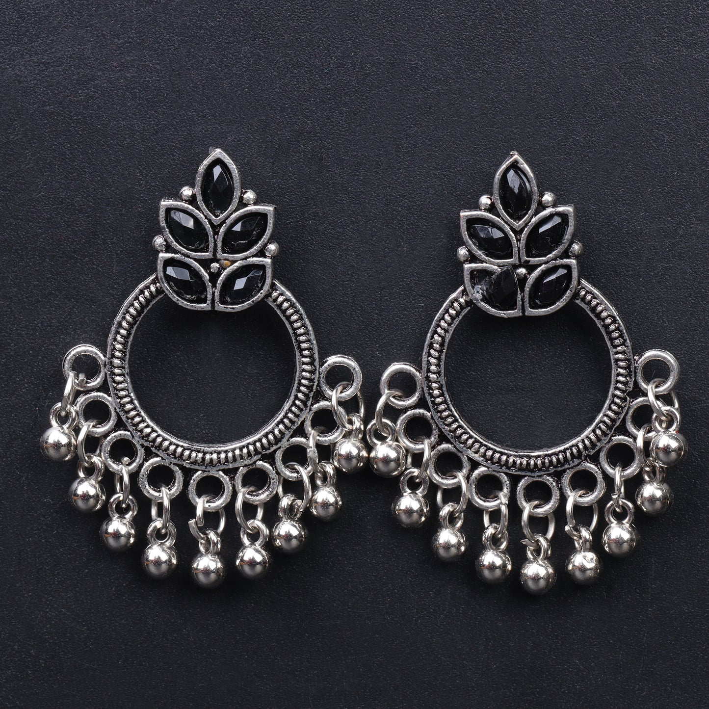 Black Stone Studded Intricate Oxidised Earrings
