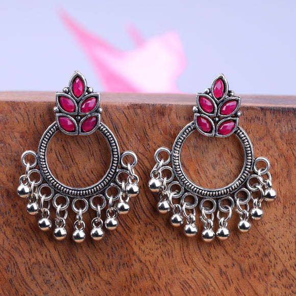 Red Stone Studded Intricate Oxidised Earrings