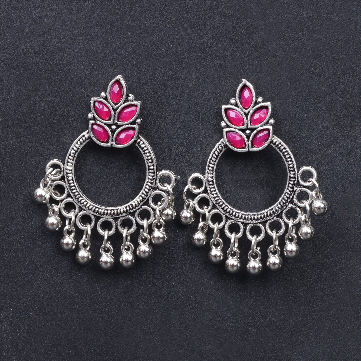 Red Stone Studded Intricate Oxidised Earrings