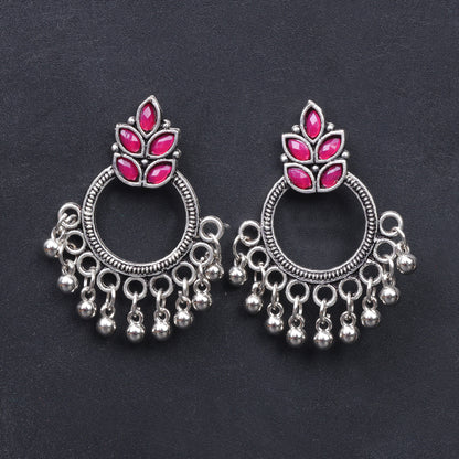 Red Stone Studded Intricate Oxidised Earrings