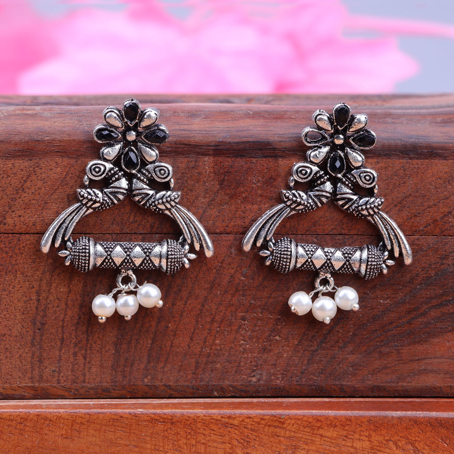 Black Stone Studded Elegant Earrings With Hanging Baby Pearls