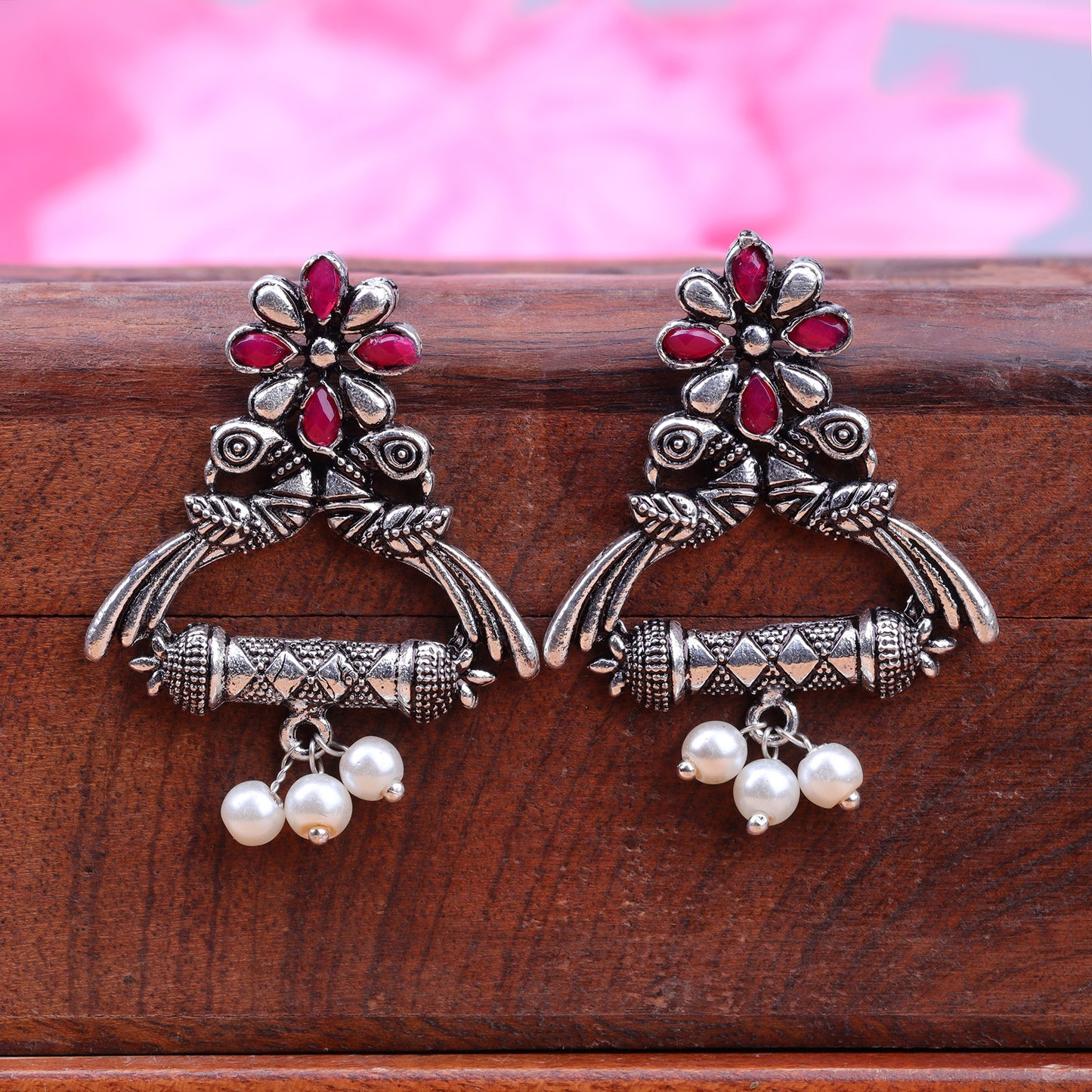 Red Stone Studded Elegant Earrings With Hanging Baby Pearls
