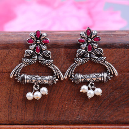Red Stone Studded Elegant Earrings With Hanging Baby Pearls