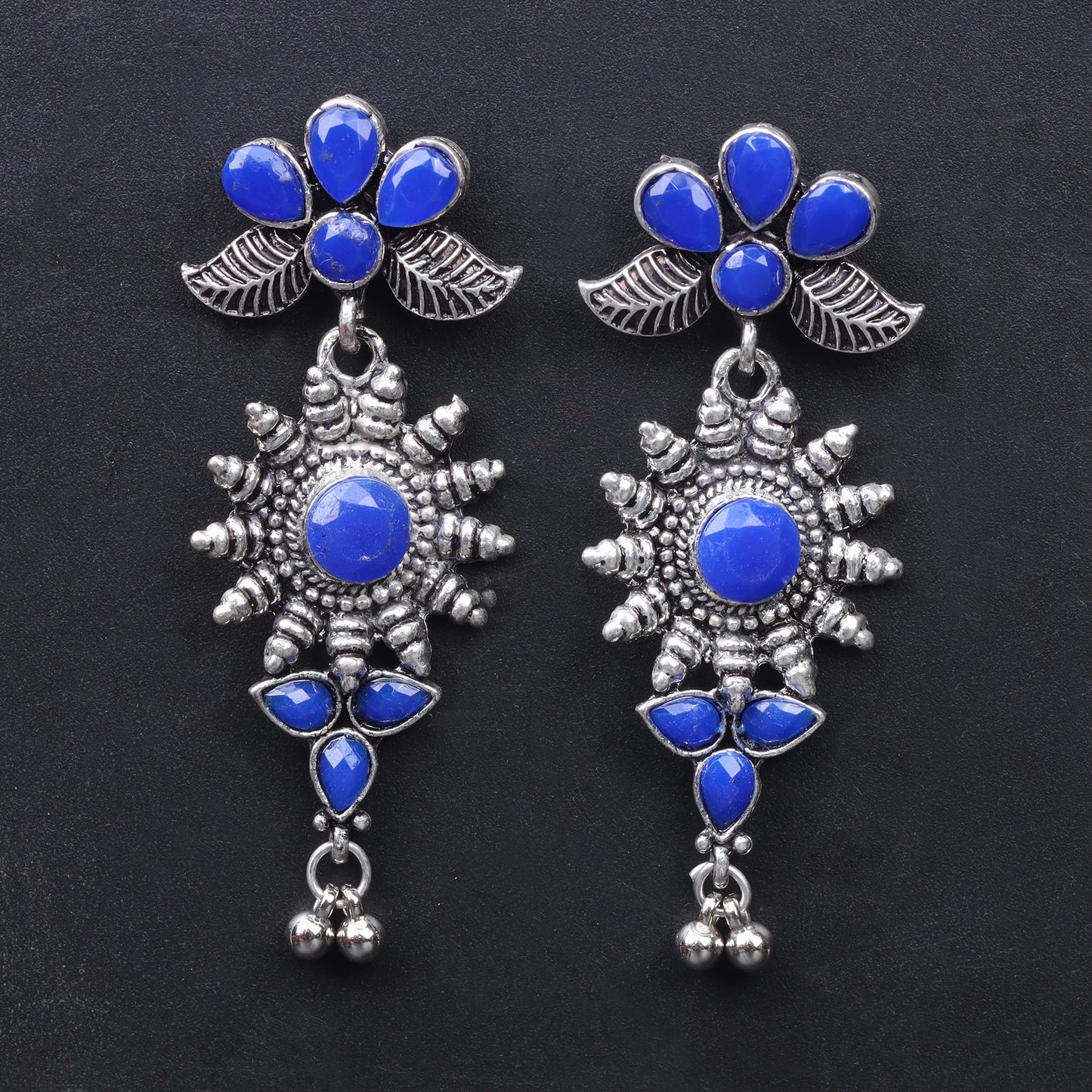 Blue Stone Studded Oxidised Earrings