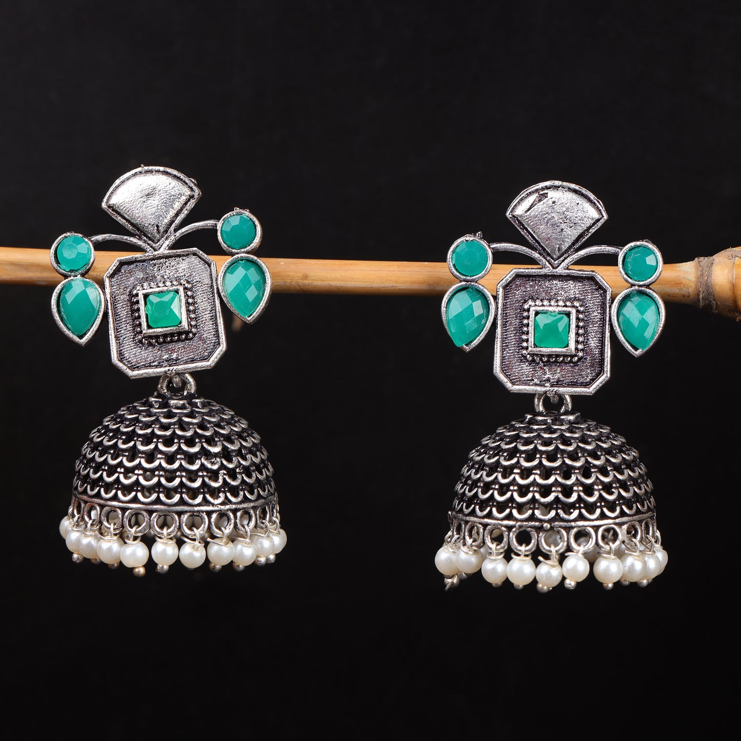 Green Stone Studded Statement Earrings With Hanging Jhumka Embellished With Baby Pearls