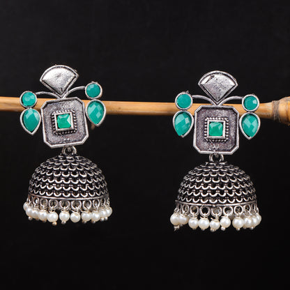 Green Stone Studded Statement Earrings With Hanging Jhumka Embellished With Baby Pearls
