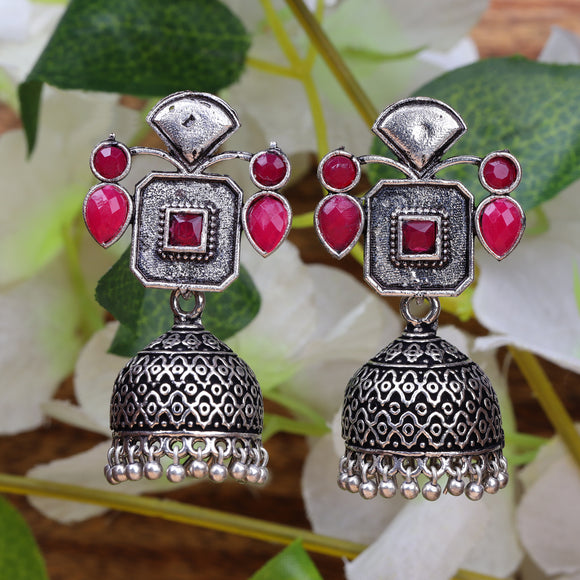 Red Stone Studded Statement Earrings With Hanging Jhumka Embellished With Baby Pearls