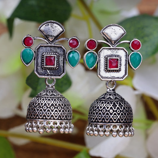 Multicolored Stone Studded Statement Earrings With Hanging Jhumka Embellished With Baby Pearls