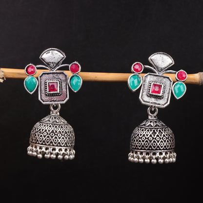 Multicolored Stone Studded Statement Earrings With Hanging Jhumka Embellished With Baby Pearls
