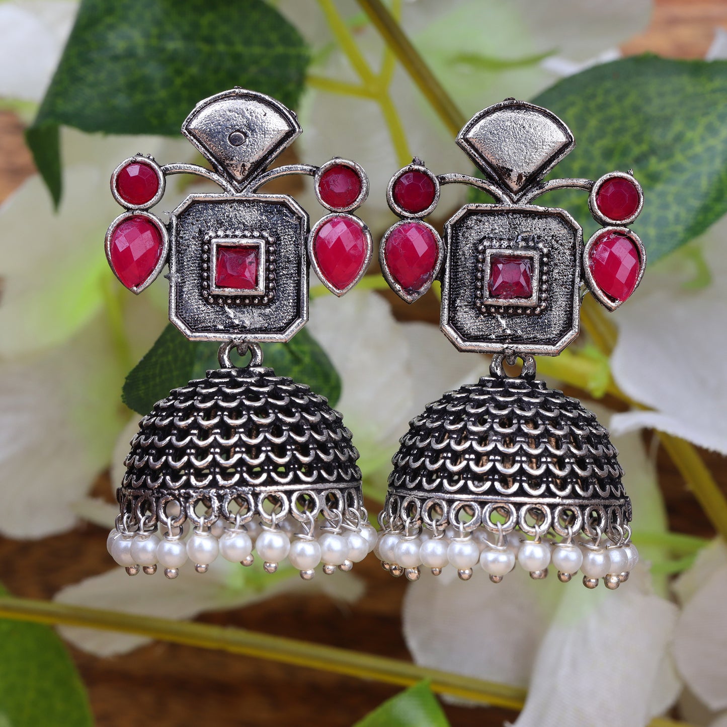 Red Stone Studded Statement Earrings With Hanging Jhumka Embellished With Baby Pearls