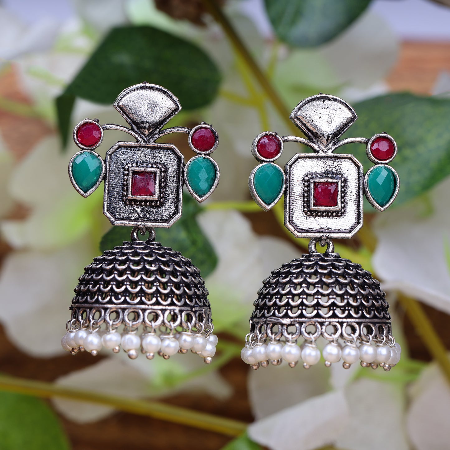 Multicolored Stone Studded Statement Earrings With Hanging Jhumka Embellished With Baby Pearls