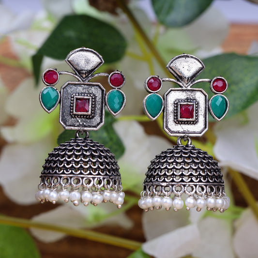 Multicolored Stone Studded Statement Earrings With Hanging Jhumka Embellished With Baby Pearls