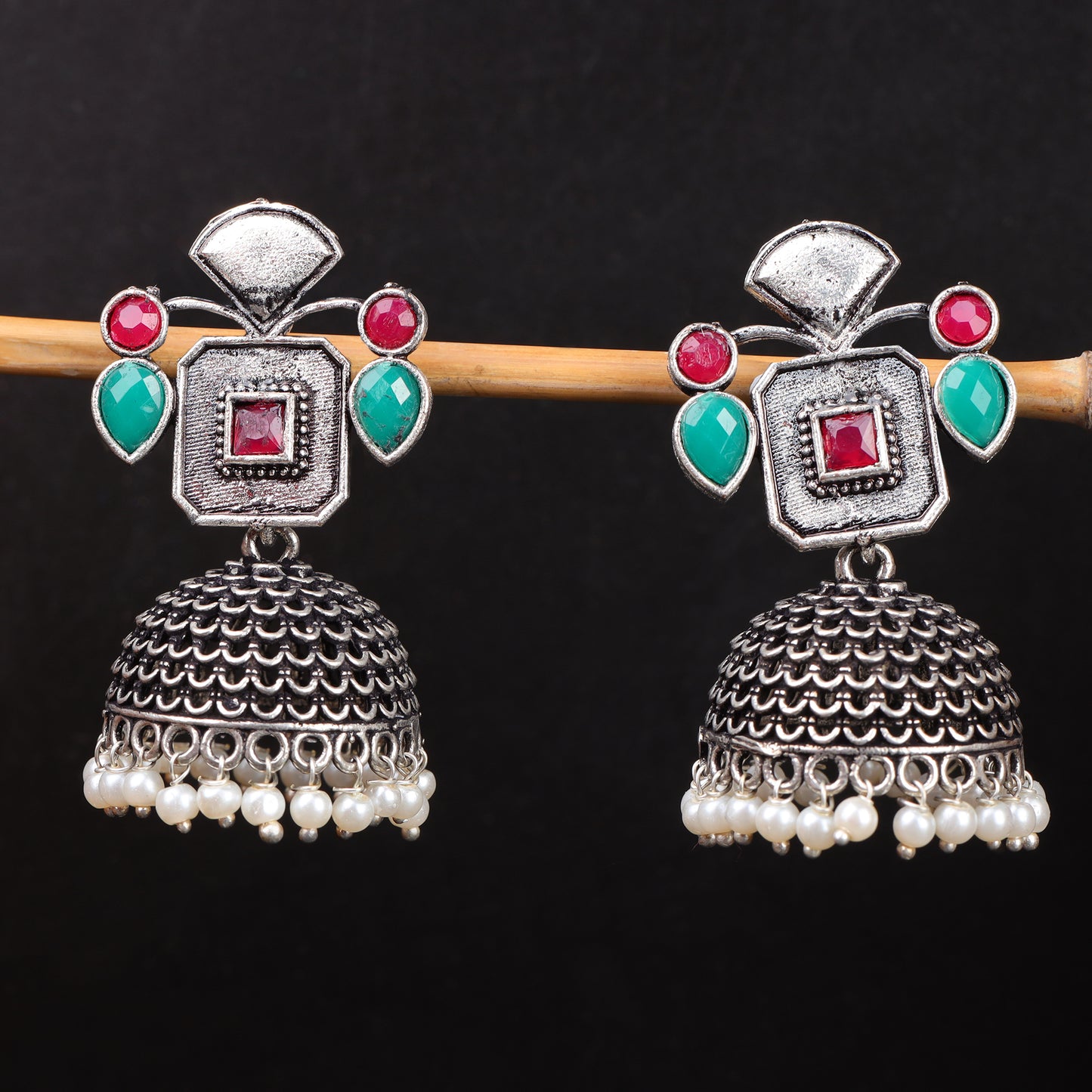 Multicolored Stone Studded Statement Earrings With Hanging Jhumka Embellished With Baby Pearls