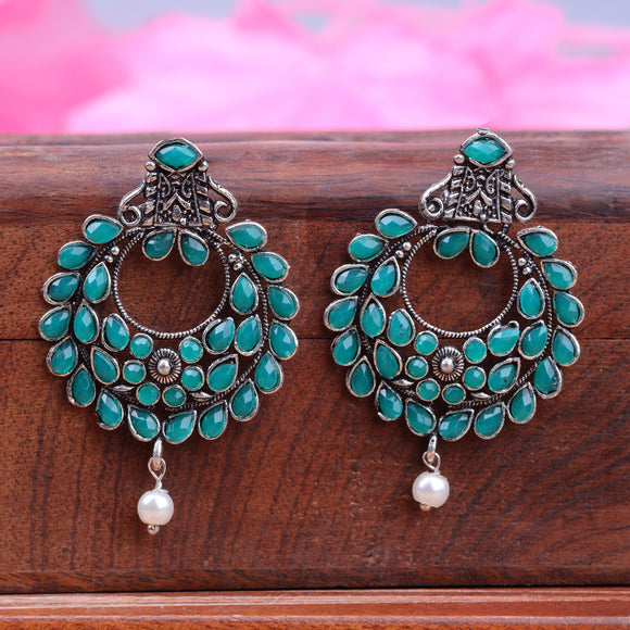 Green Stone Studded Intricate Earrings With Hanging Baby Pearl
