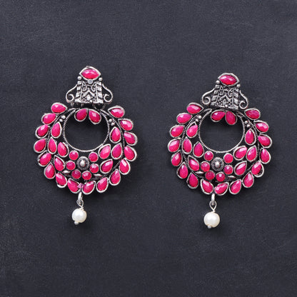 Red Stone Studded Intricate Earrings With Hanging Baby Pearl