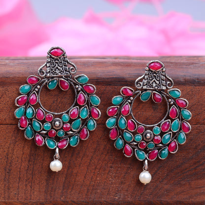 Multicolored Stone Studded Intricate Earrings With Hanging Baby Pearl